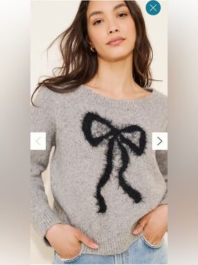 Maeve Gray Crewneck Sweater with Black Fuzzy Bow